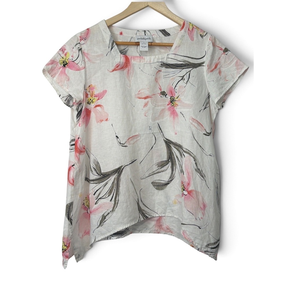 Peck & Peck Womens White Pink Floral 100% Linen Square Neck High-Low Blouse S